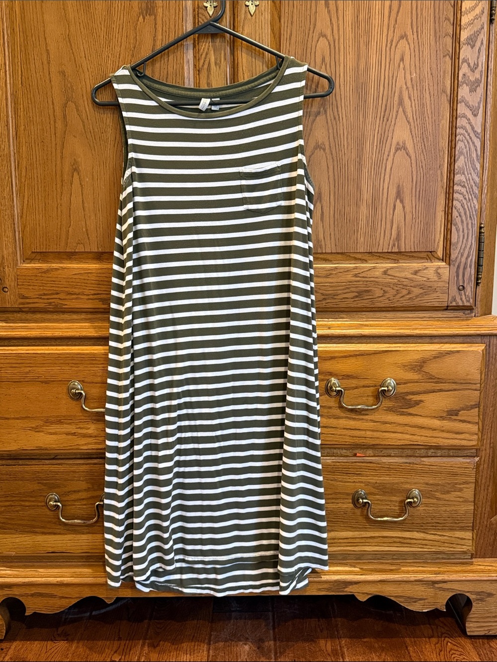 Madison Olive Green & White Striped Sleeveless Dress